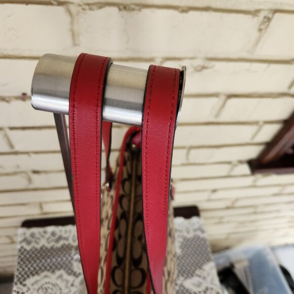 Coach Signature Khaki & Red Leather Medium Handbag Satchel Purse - Picture 6 of 14